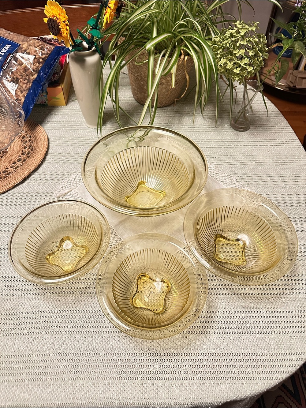 Vintage Federal Glass Golden Glow Amber Ribbed Mixing Bowls Set of 4